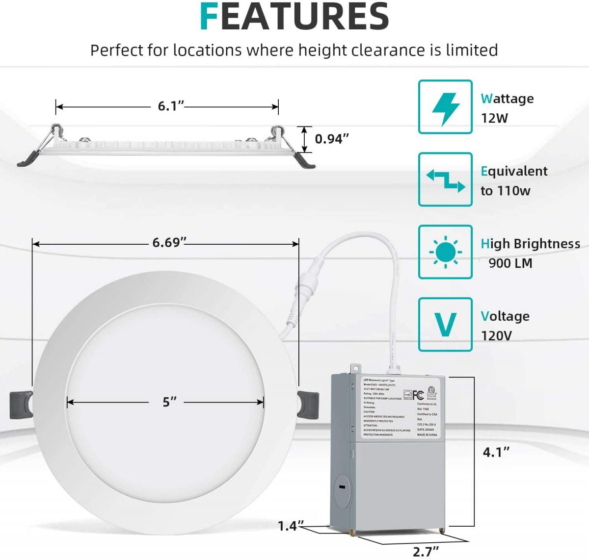 6 Inch 6 Pack (12 Watt 900 Lumens), LED Ceiling Lights with Junction Box