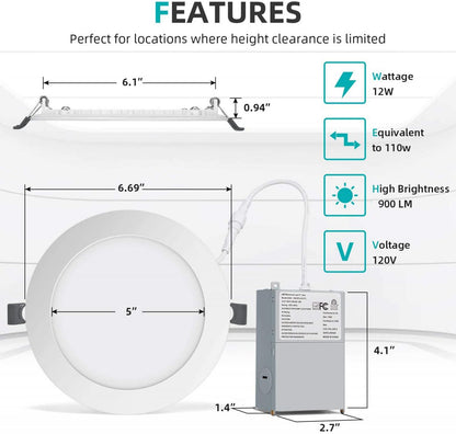 6 Inch 6 Pack (12 Watt 900 Lumens), LED Ceiling Lights with Junction Box