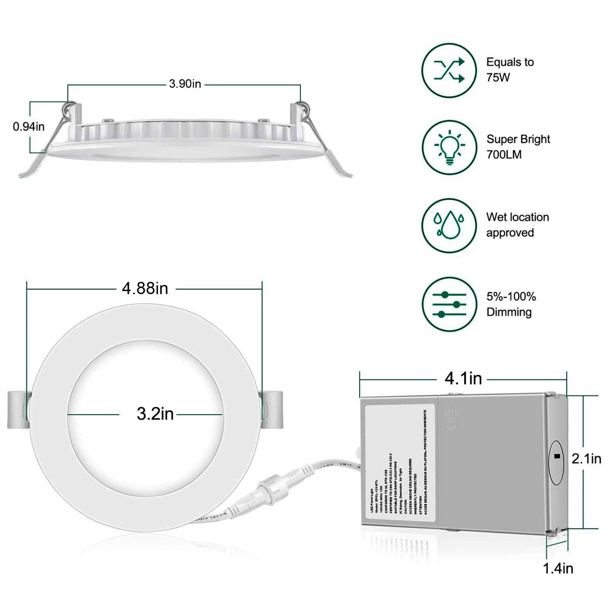 4 Inch 6 Pack (9 Watt 700 Lumens), LED Ceiling Lights with Junction Box